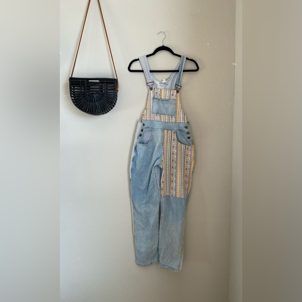 VINTAGE Chazzz by Charles Gailian Aztec Light Wash Denim Overalls, Size Medium